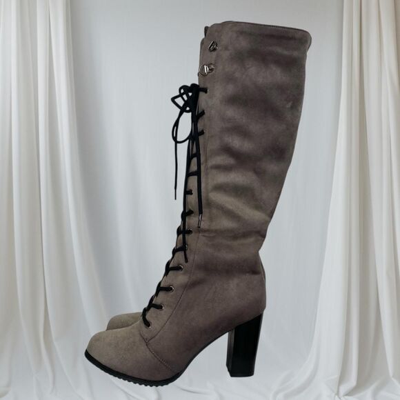 Witchy Whimsygoth Faux Suede Dark Light Gray Lace Up High Heel Boots US 9.5 - Picture 1 of 8
